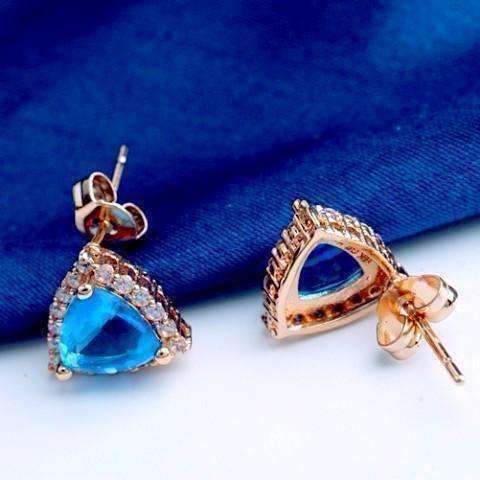 Feshionn IOBI Earrings Aqua Trillion Halo Zirconia Stud Earrings in 18K Rose Gold Plating