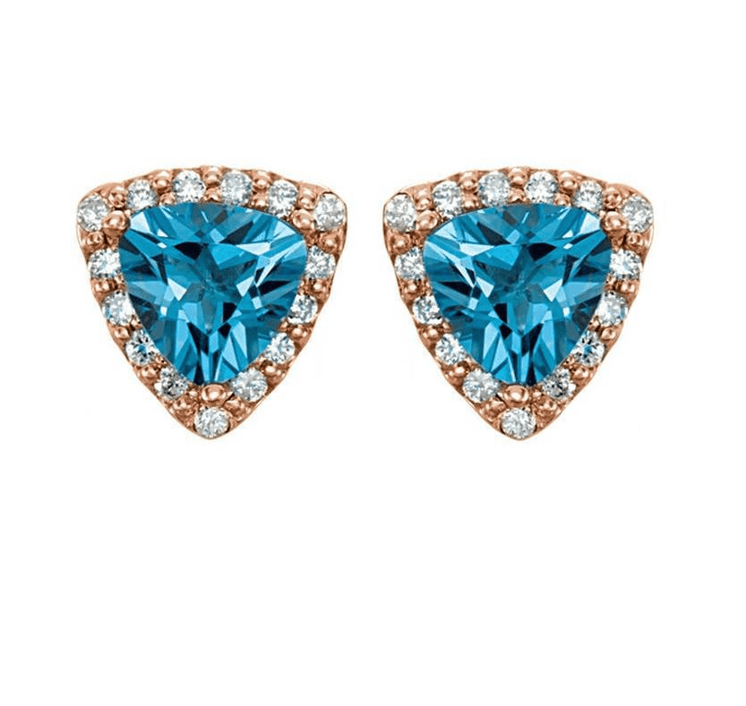 Feshionn IOBI Earrings Aqua Trillion Halo Zirconia Stud Earrings in 18K Rose Gold Plating