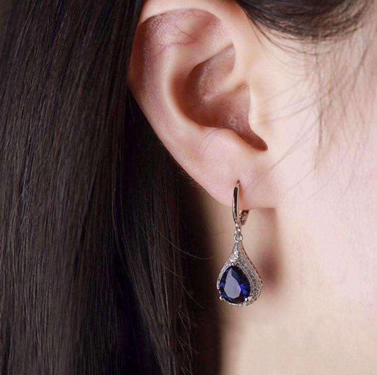 Feshionn IOBI Earrings Beau Monde Pear Cut Simulated Sapphire and Milgraine Hoop Earrings