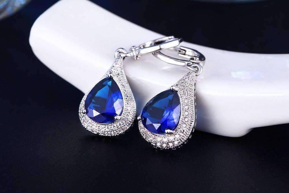 Feshionn IOBI Earrings Beau Monde Pear Cut Simulated Sapphire and Milgraine Hoop Earrings