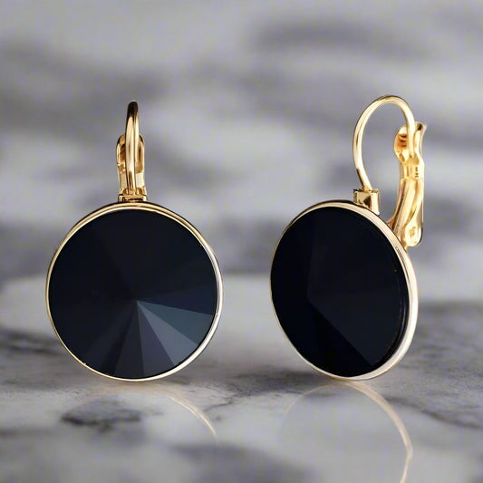 Feshionn IOBI Earrings black Obsidian Black Dome Austrian Crystal Leverback Earrings