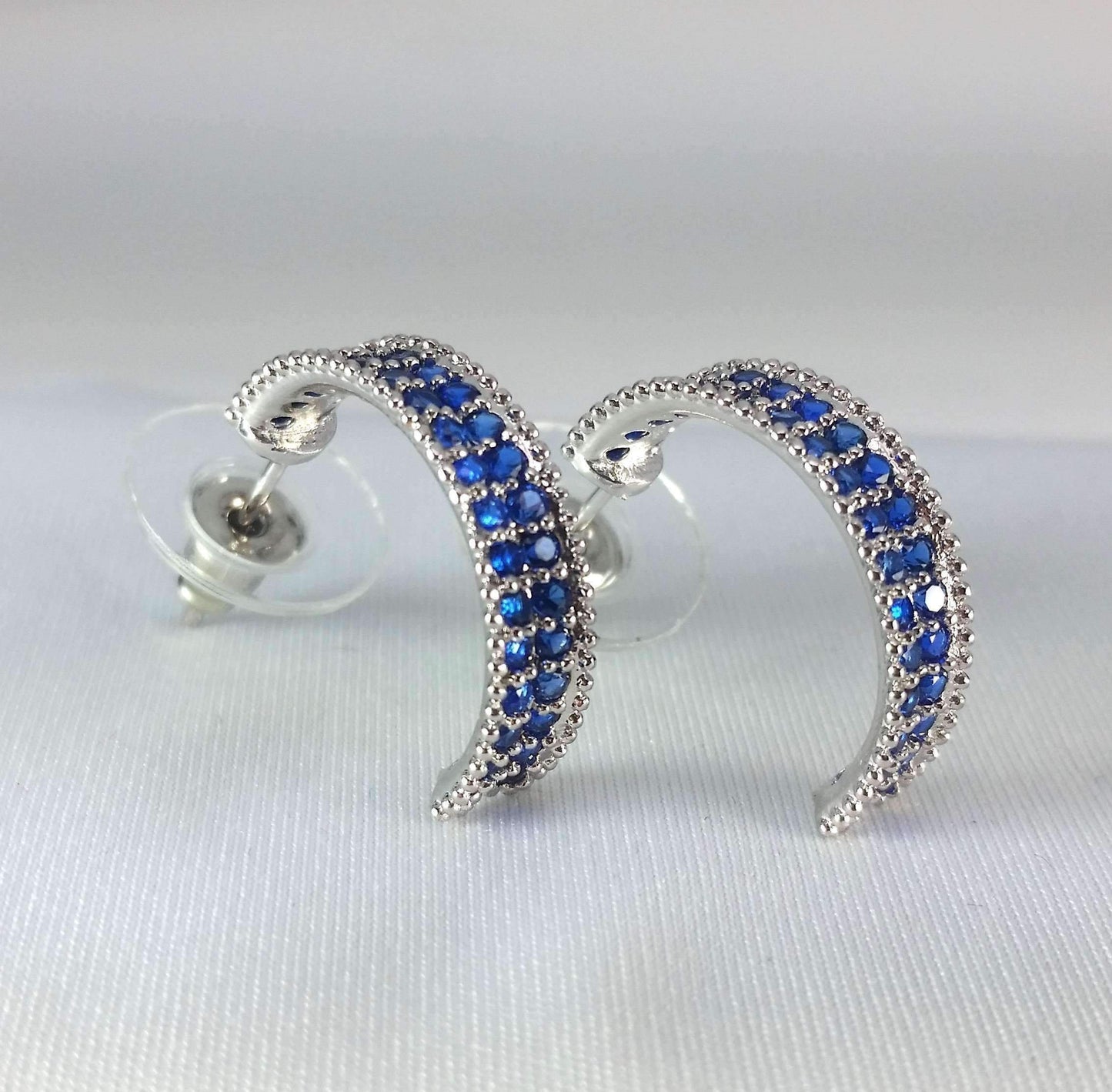 Feshionn IOBI Earrings Blue Crystal Encrusted Half Hoop Earrings