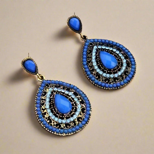 Feshionn IOBI Earrings Blue ON SALE - Dark Blue Bead and Crystal Filigree Drop Earrings