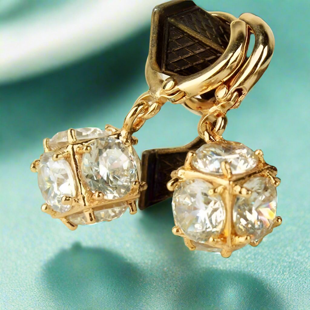 Feshionn IOBI Earrings Diamond White in Yellow Gold ON SALE - Crystal Cube Dangling Charm Earrings