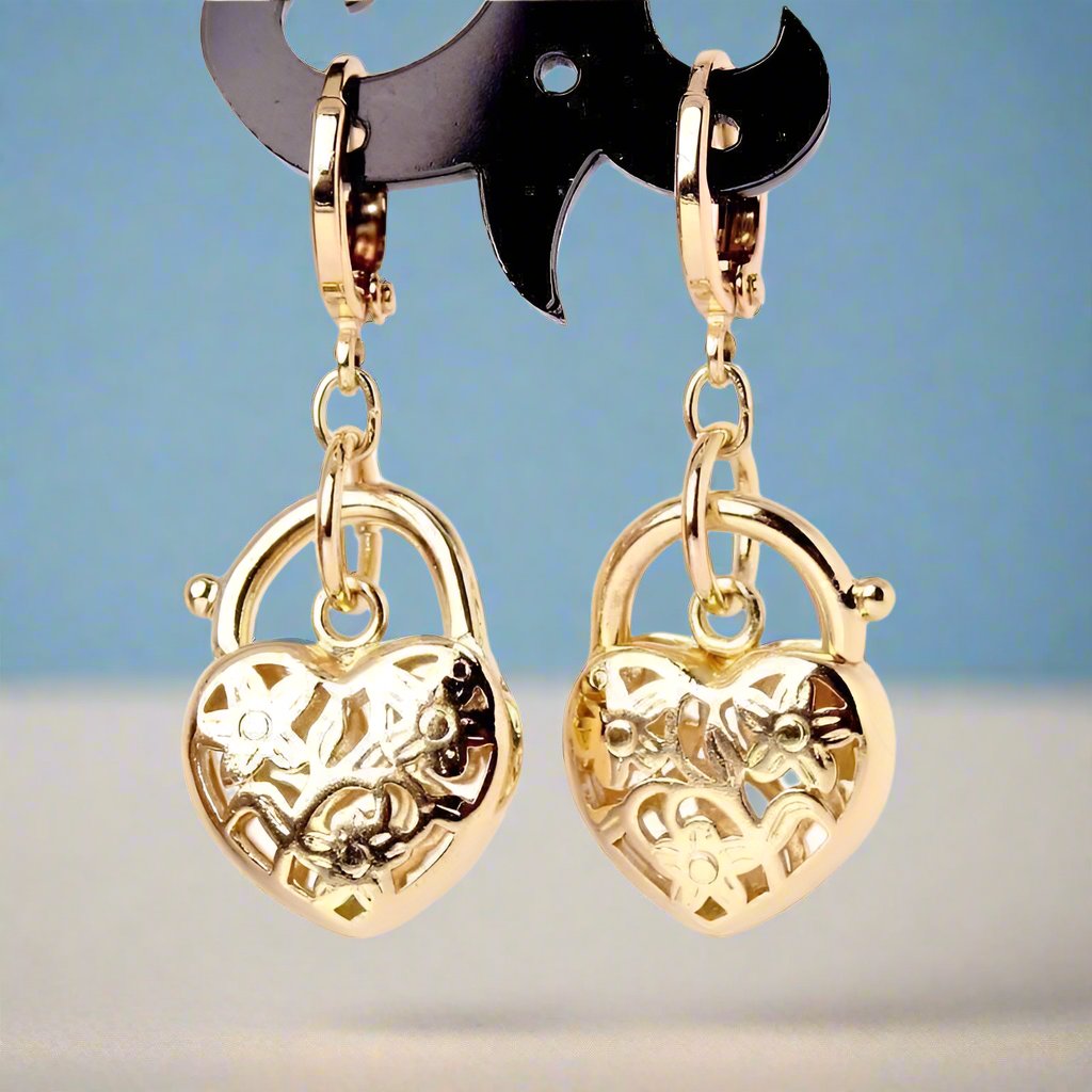 Feshionn IOBI Earrings Floral Etched Heart Padlock Charm Earrings