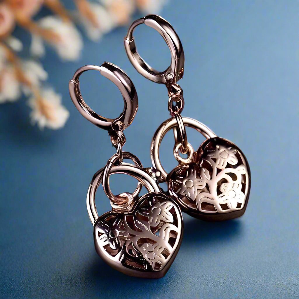 Feshionn IOBI Earrings Floral Etched Heart Padlock Charm Earrings