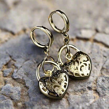 Feshionn IOBI Earrings Floral Etched Heart Padlock Charm Earrings