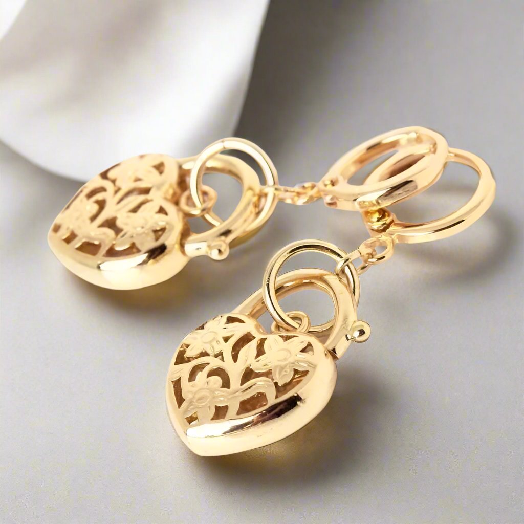 Feshionn IOBI Earrings Gold Floral Etched Heart Padlock Charm Earrings