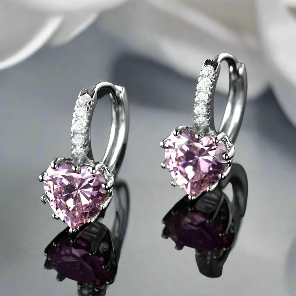 Feshionn IOBI Earrings Heart Shaped Blushing Pink Diamond CZ Solitaire Hoop Earrings