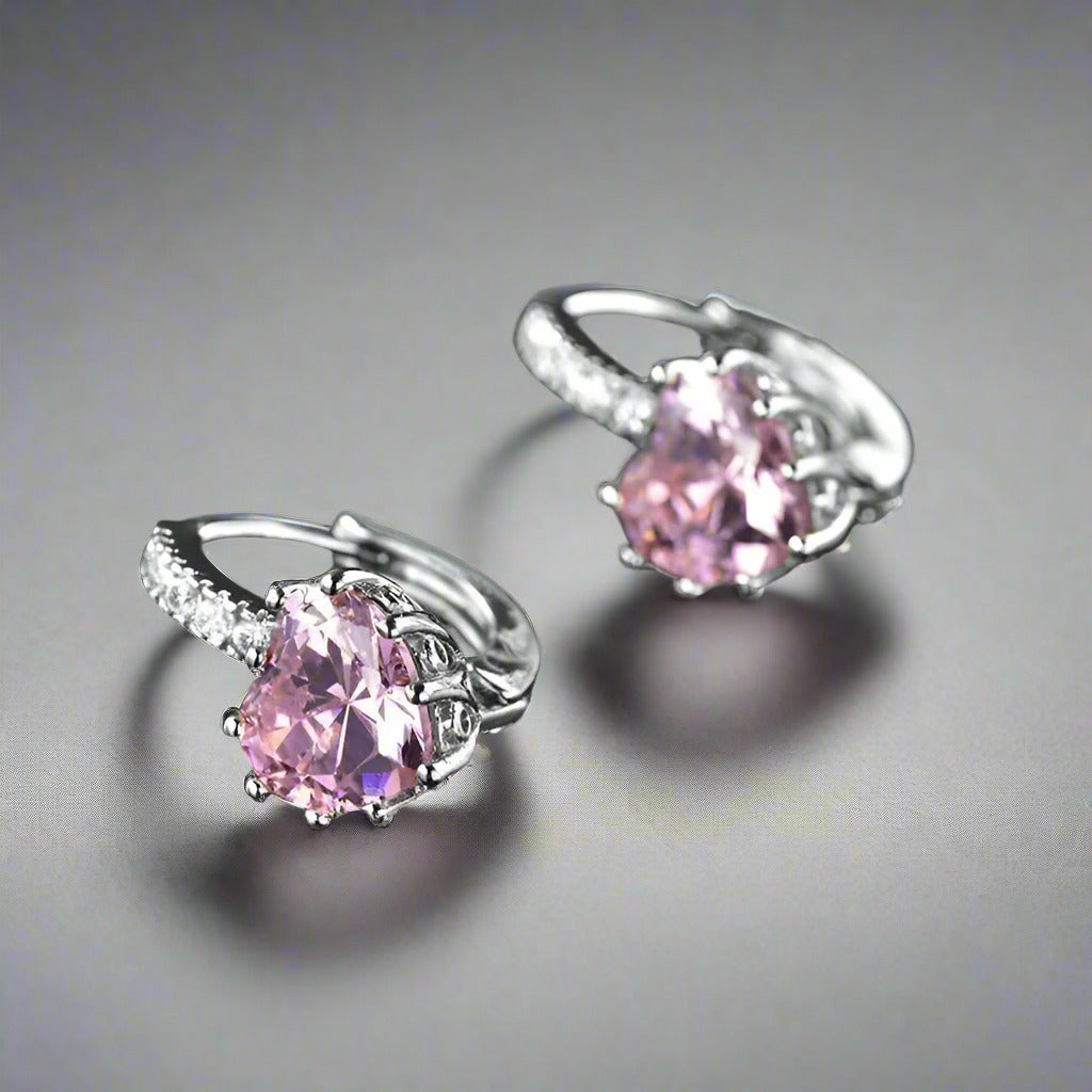 Feshionn IOBI Earrings Heart Shaped Blushing Pink Diamond CZ Solitaire Hoop Earrings