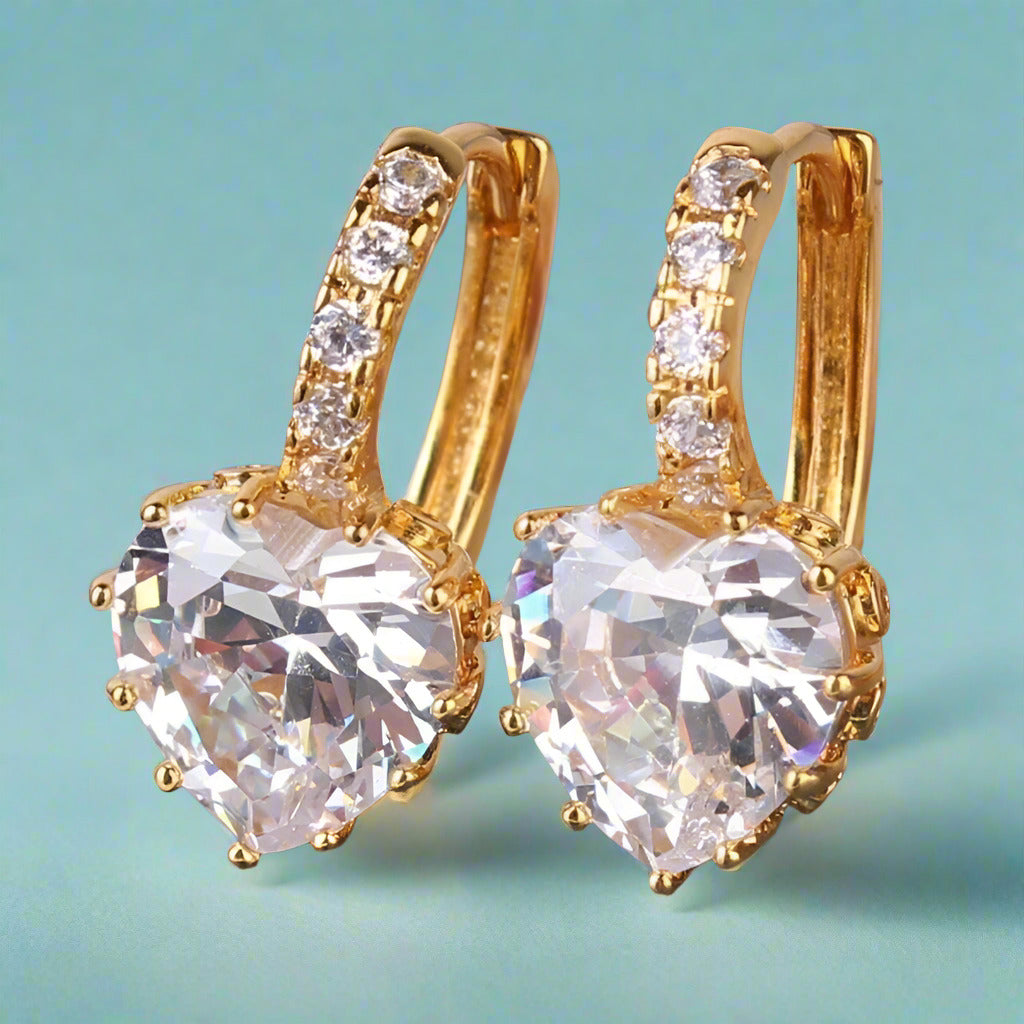 Feshionn IOBI Earrings Heart Shaped Diamond CZ Solitaire Hoop Earrings In White Or Yellow Gold