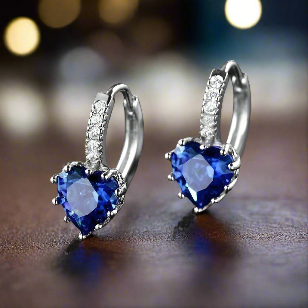 Feshionn IOBI Earrings Heart Shaped Midnight Blue Diamond CZ Solitaire Hoop Earrings