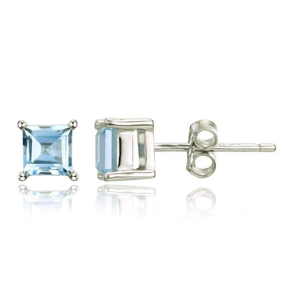 Feshionn IOBI Earrings Ice Blue Genuine Topaz Princess Cut 0.7 CT IOBI Precious Gems Stud Earrings