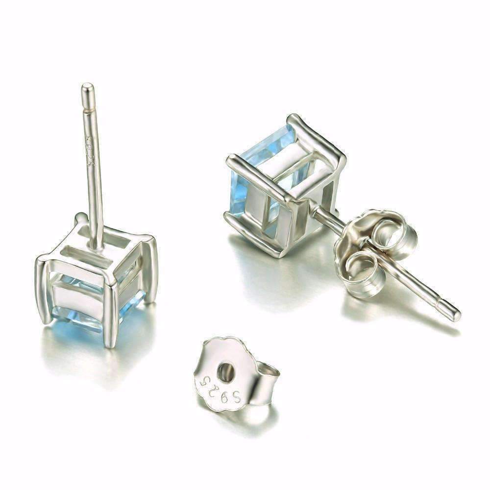 Feshionn IOBI Earrings Ice Blue Genuine Topaz Princess Cut 0.7 CT IOBI Precious Gems Stud Earrings