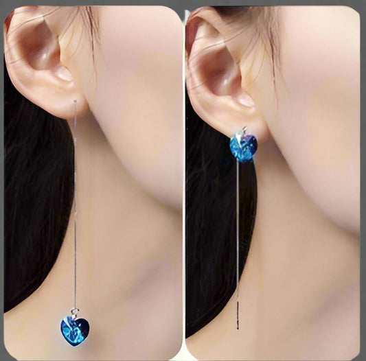 Feshionn IOBI Earrings ON SALE - Aqua Blue Austrian Crystal Heart Silver Thread Earrings