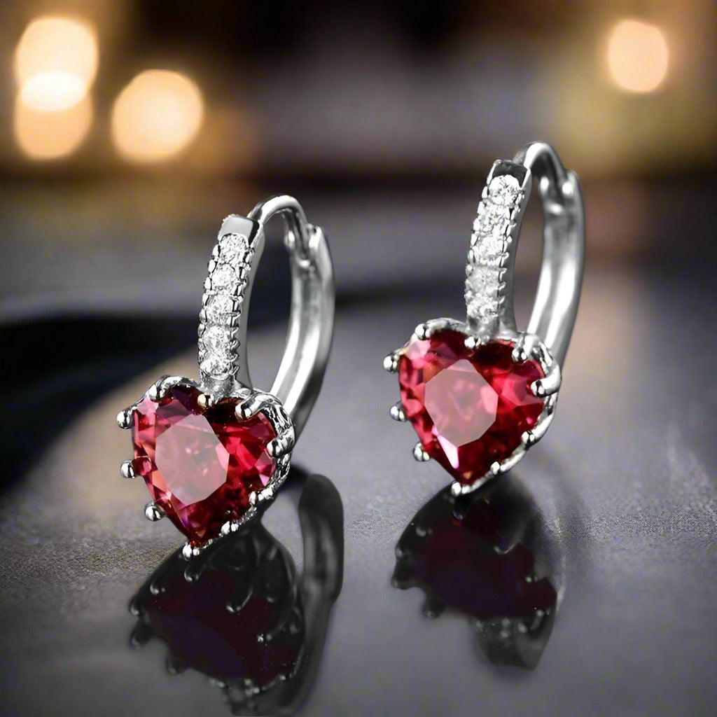 Feshionn IOBI Earrings ON SALE - Heart Shaped Cabernet Red Diamond CZ Solitaire Hoop Earrings