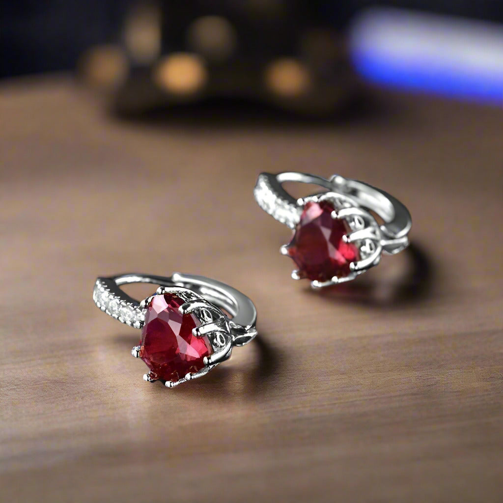 Feshionn IOBI Earrings ON SALE - Heart Shaped Cabernet Red Diamond CZ Solitaire Hoop Earrings