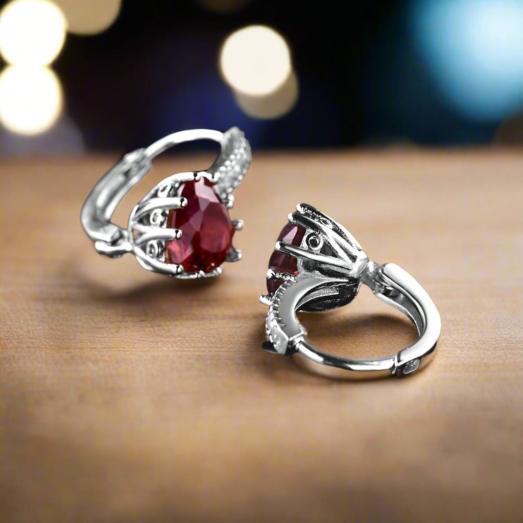 Feshionn IOBI Earrings ON SALE - Heart Shaped Cabernet Red Diamond CZ Solitaire Hoop Earrings