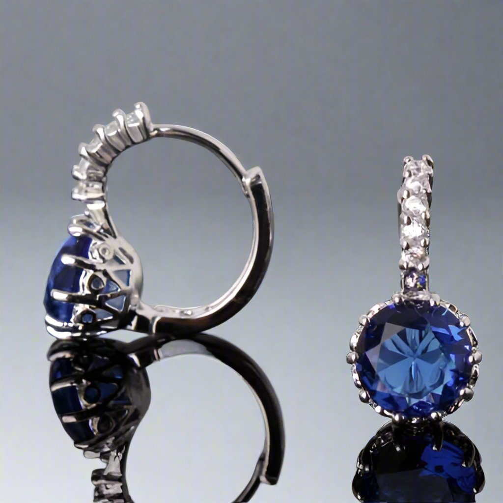 OB Earrings - Sapphire Blue Solitaire White Or Yellow Gold Hoop Earrings