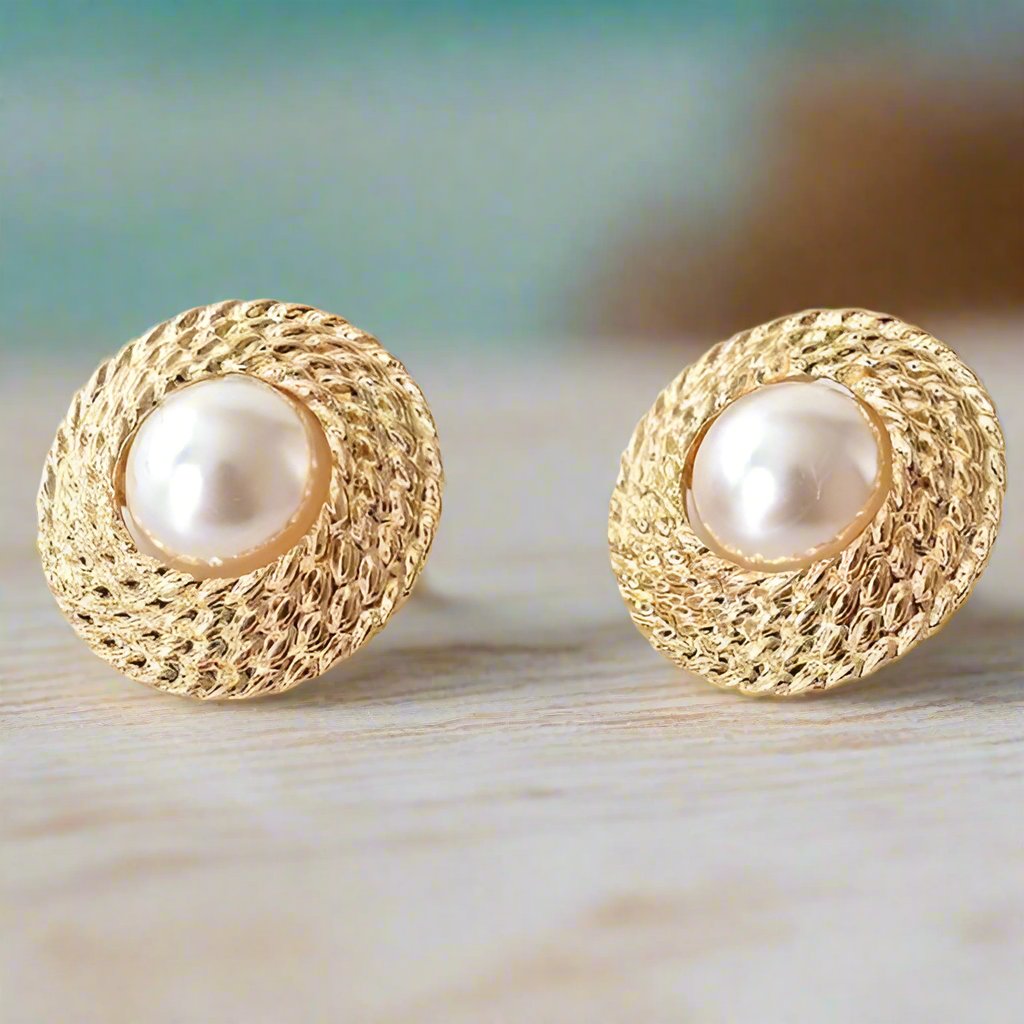 Feshionn IOBI Earrings Pearl Bead Accented Golden Basketweave Clip-On Earrings