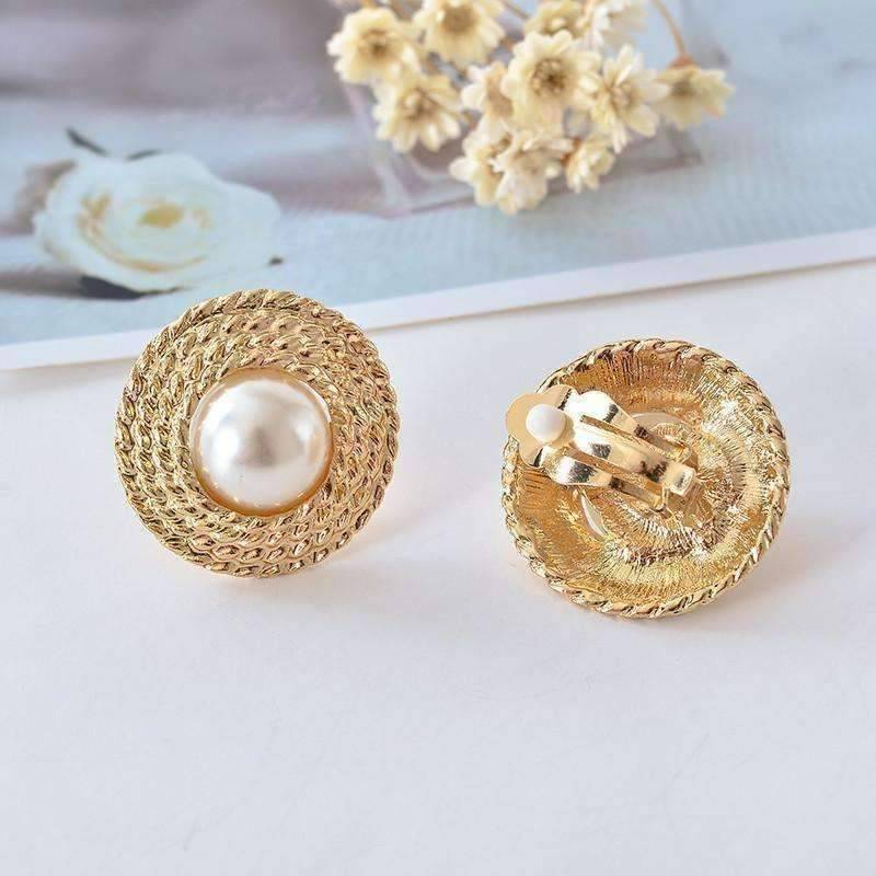 Feshionn IOBI Earrings Pearl Bead Accented Golden Basketweave Clip-On Earrings