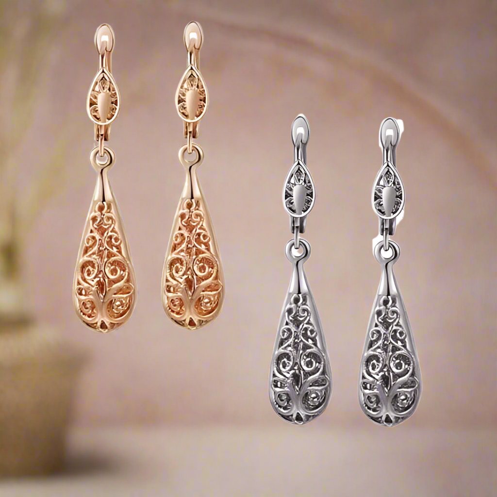 Feshionn IOBI Earrings Platinum Arabesque Filigree Puff Teardrop Earrings