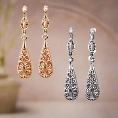 Feshionn IOBI Earrings Platinum Arabesque Filigree Puff Teardrop Earrings