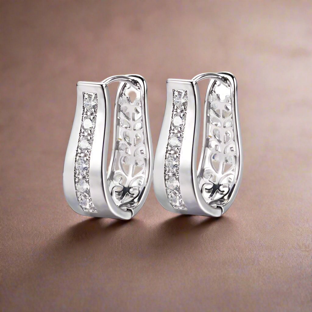 Feshionn IOBI Earrings Platinum ON SALE - OB Youthful Collection - Crystal Diamonds Channel Set Filigree Hoop Earrings