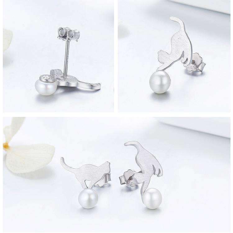 Feshionn IOBI Earrings Playful Kitten and Pearl Ball Sterling Silver Stud Earrings