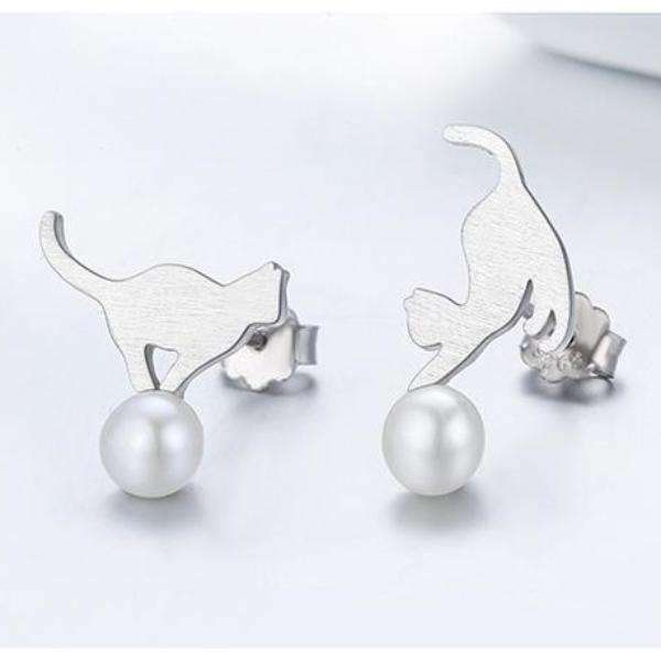 Feshionn IOBI Earrings Playful Kitten and Pearl Ball Sterling Silver Stud Earrings