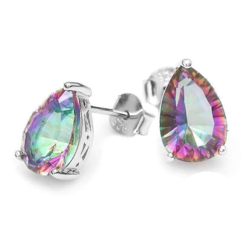 Feshionn IOBI Earrings Rainbow Pear Earrings Rainbow Fire Genuine Mystic Topaz Pear Cut 3.8CT IOBI Precious Gems Stud Earrings