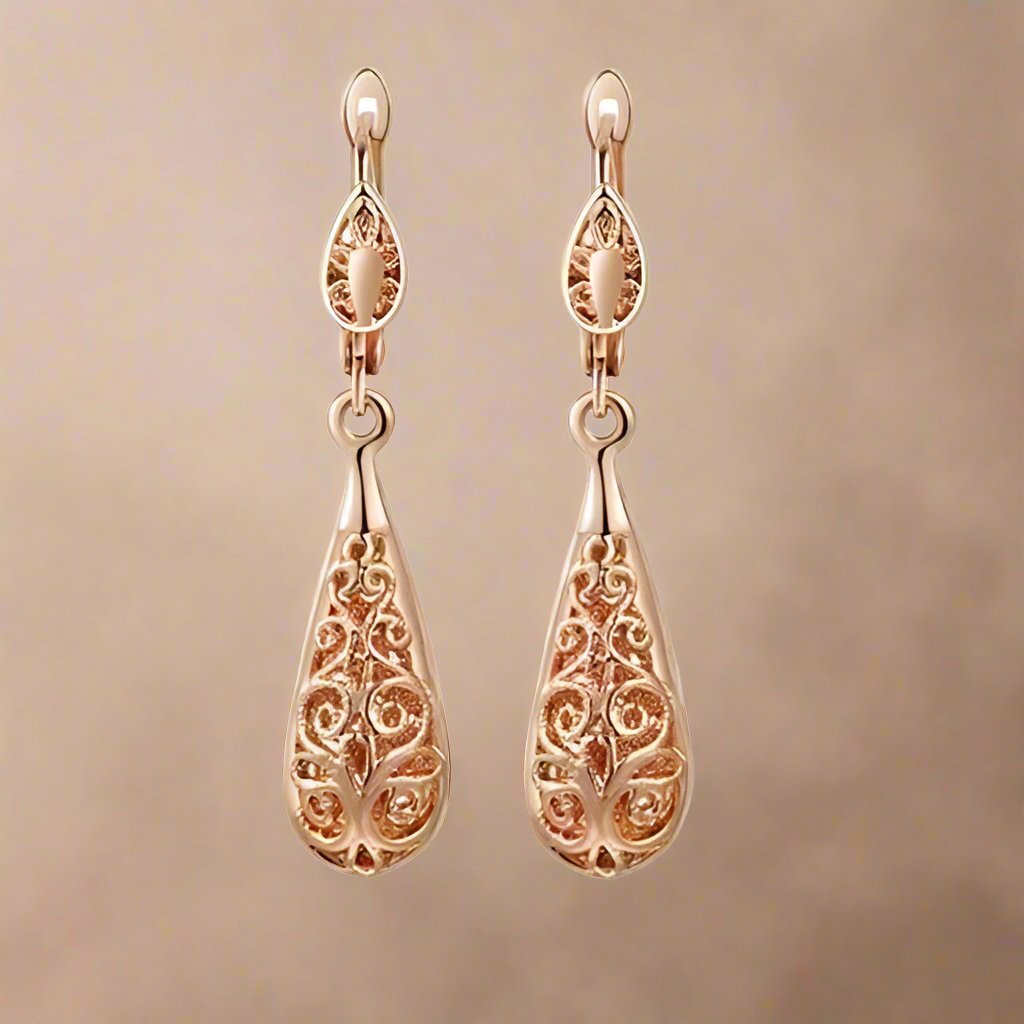 Feshionn IOBI Earrings Rose Gold Arabesque Filigree Puff Teardrop Earrings