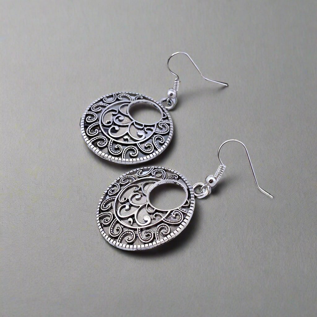 Feshionn IOBI Earrings Round Boho Scroll Silver Patina Hook Earrings