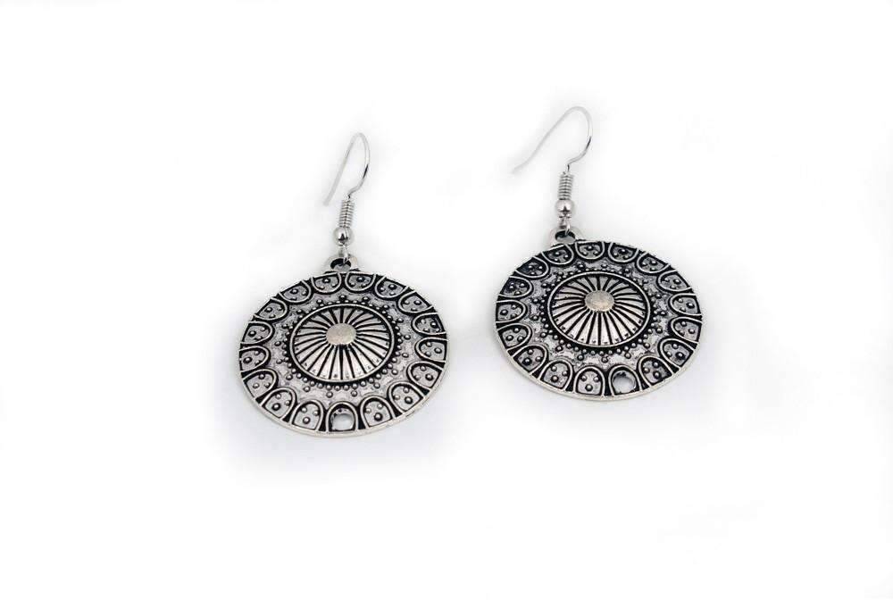 Feshionn IOBI Earrings Round Roman Stamped Medallion Silver Hook Earrings