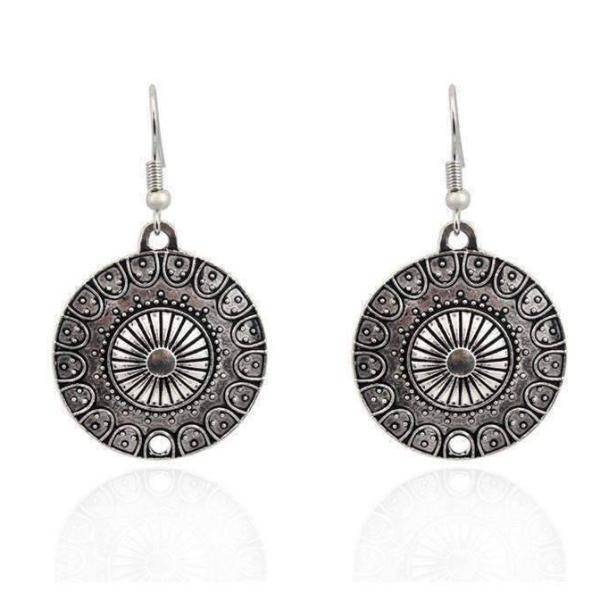 Feshionn IOBI Earrings Round Roman Stamped Medallion Silver Hook Earrings