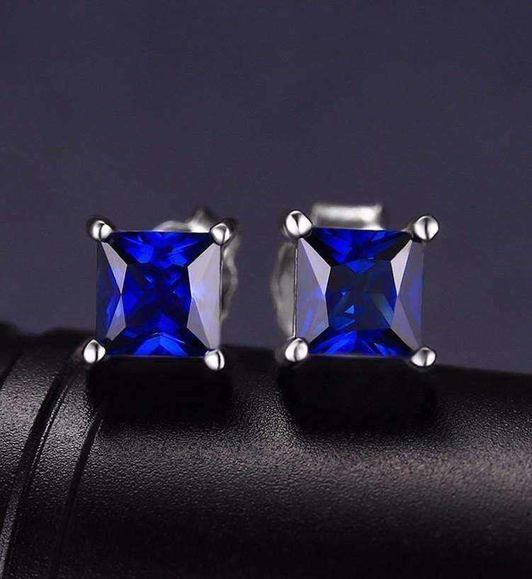 Feshionn IOBI Earrings Royal Blue Princess Cut 0.8 CT Simulated Sapphire Stud Earrings