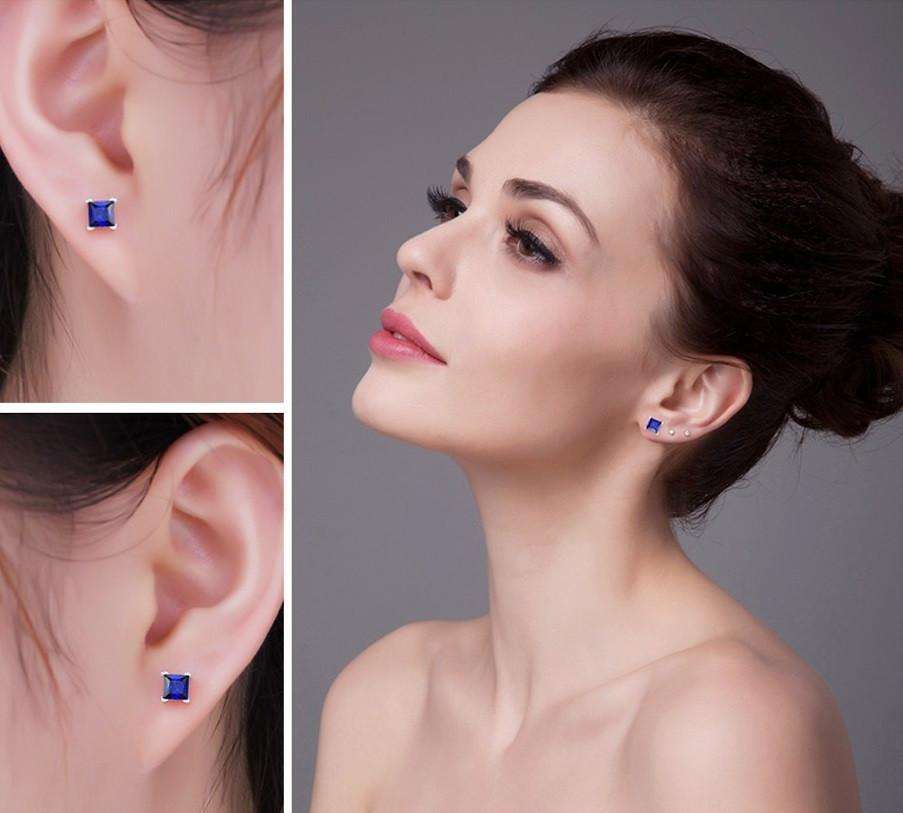 Feshionn IOBI Earrings Royal Blue Princess Cut 0.8 CT Simulated Sapphire Stud Earrings