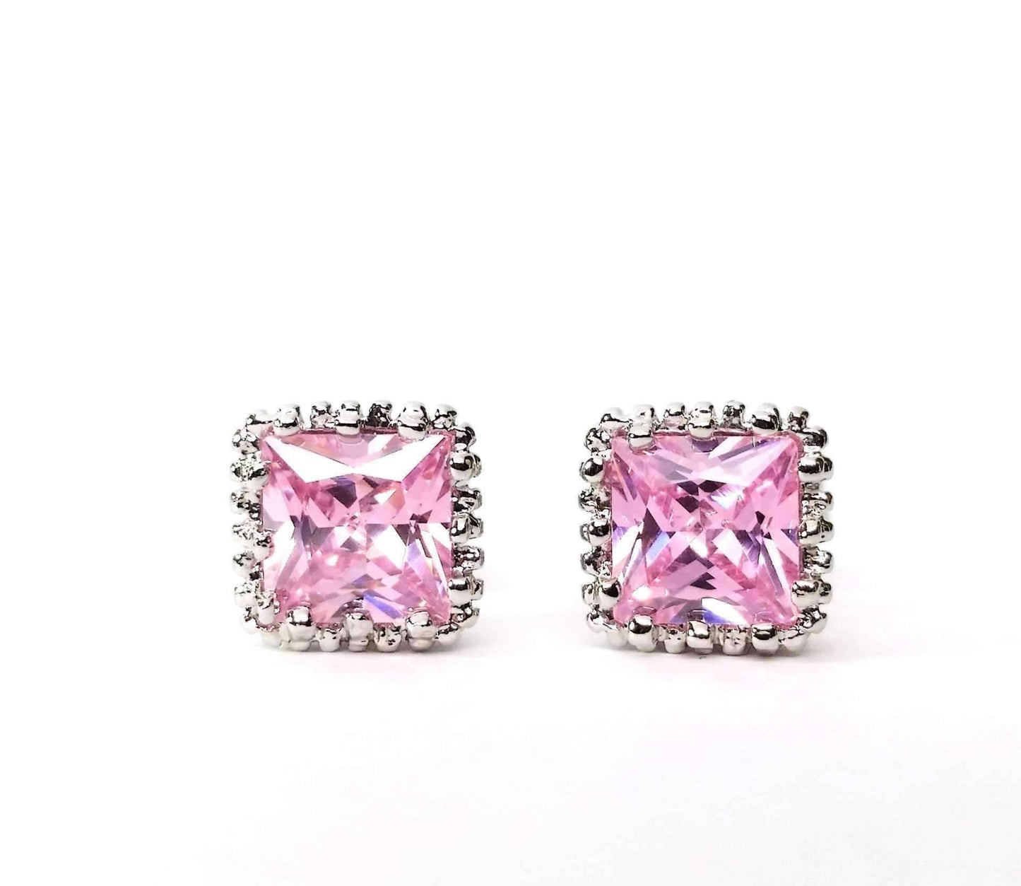 Feshionn IOBI Earrings Royal Princess 7mm Cut Simulated White Or Pink Sapphire Stud Earrings