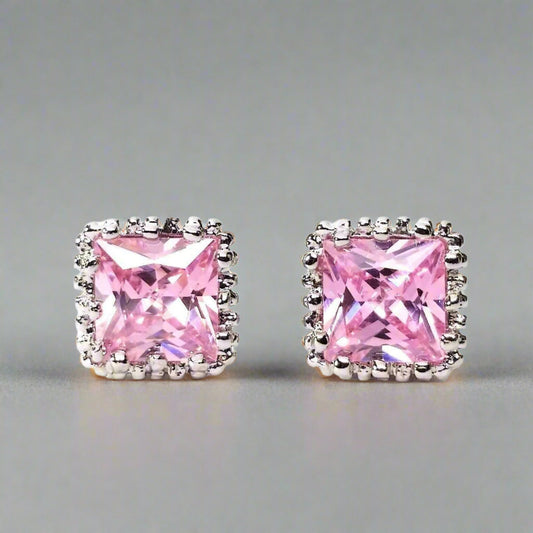 Feshionn IOBI Earrings Royal Princess 7mm Cut Simulated White Or Pink Sapphire Stud Earrings