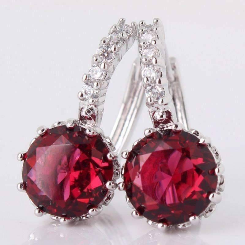 Feshionn IOBI Earrings Ruby Red on White Gold Exotic Gems CZ Solitaire Hoop Earrings