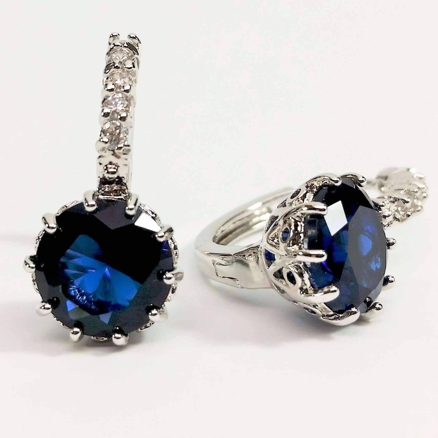 Feshionn IOBI Earrings Sapphire Blue on White Gold Exotic Gems CZ Solitaire Hoop Earrings