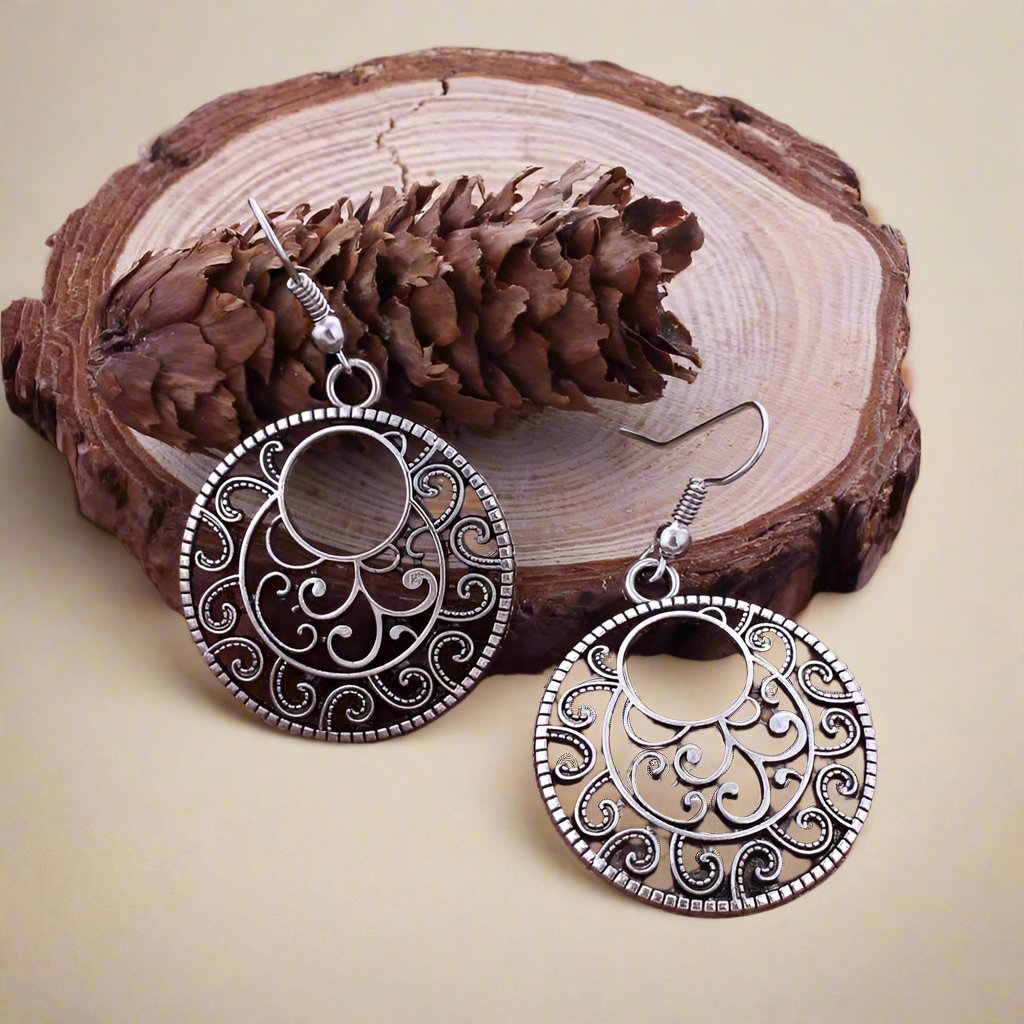 Feshionn IOBI Earrings Silver Patina Round Boho Scroll Silver Patina Hook Earrings