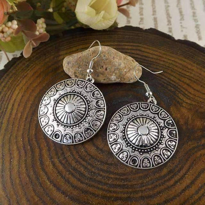 Feshionn IOBI Earrings Silver Patina Round Roman Stamped Medallion Silver Hook Earrings