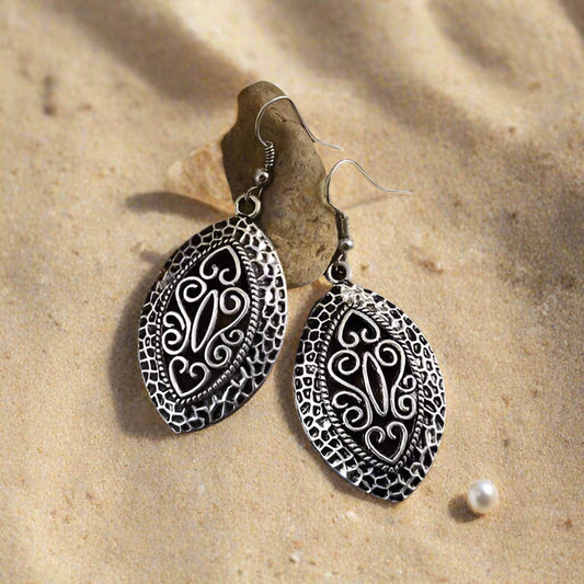 Feshionn IOBI Earrings Silver Patina Tibetan Shield Silver Scroll Dangling Hook Earrings