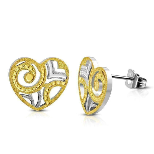 Feshionn IOBI Earrings Two Tone CLEARANCE - Paisley Heart Sandblasted Two Tone Stainless Steel Stud Earrings