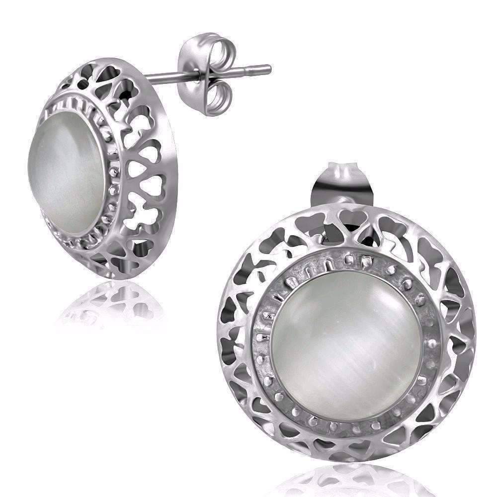 Feshionn IOBI Earrings White Aura White Cat Eye Gemstone Stainless Steel Stud Earrings