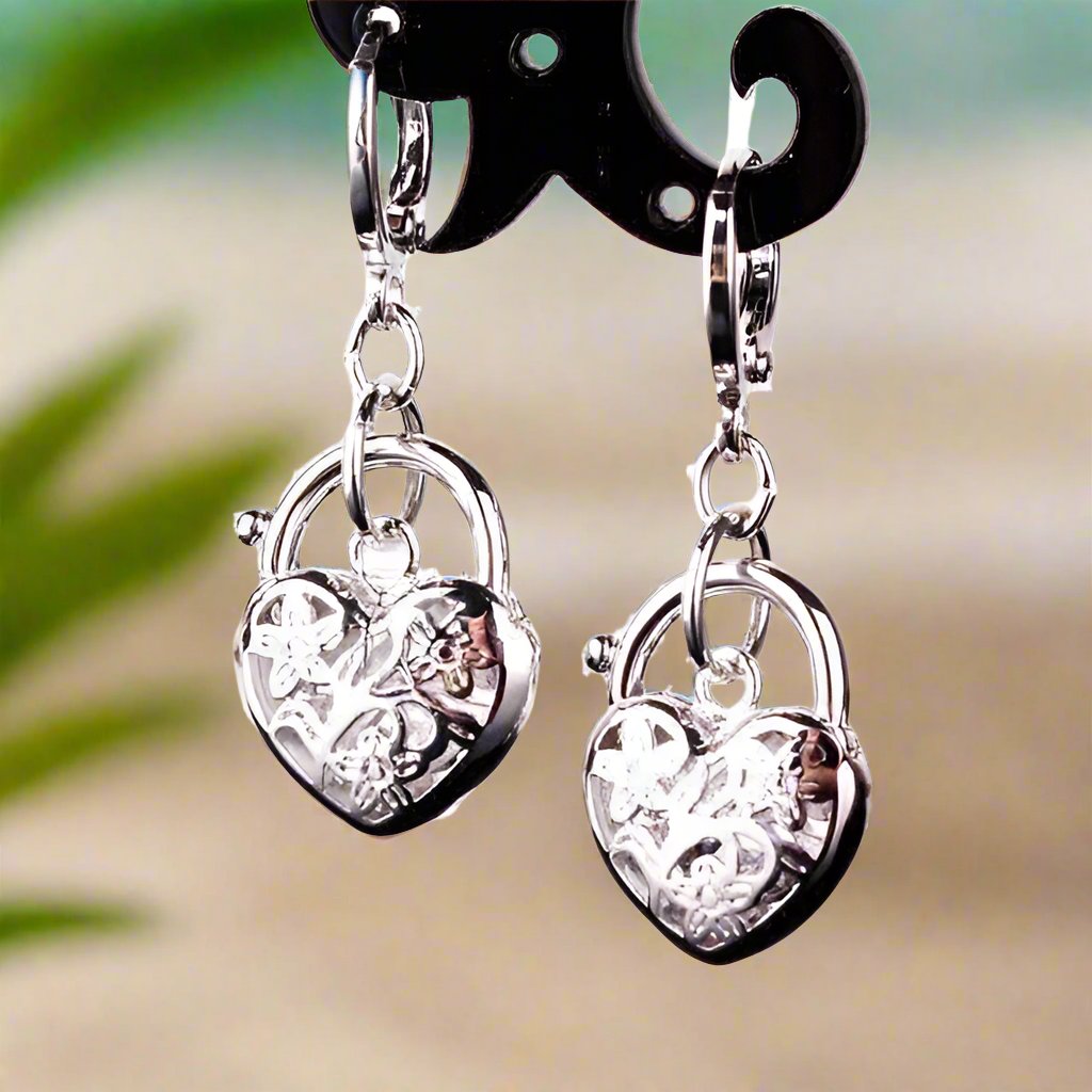 Feshionn IOBI Earrings White Gold Floral Etched Heart Padlock Charm Earrings