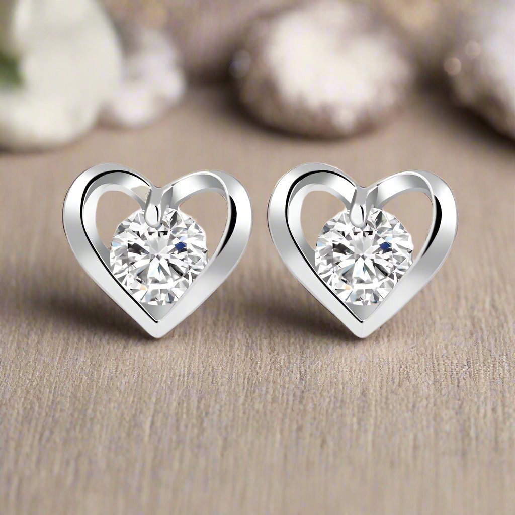 Feshionn IOBI Earrings White Gold Forever in My Heart CZ Stud Earrings ~ White or Rose Gold Plated