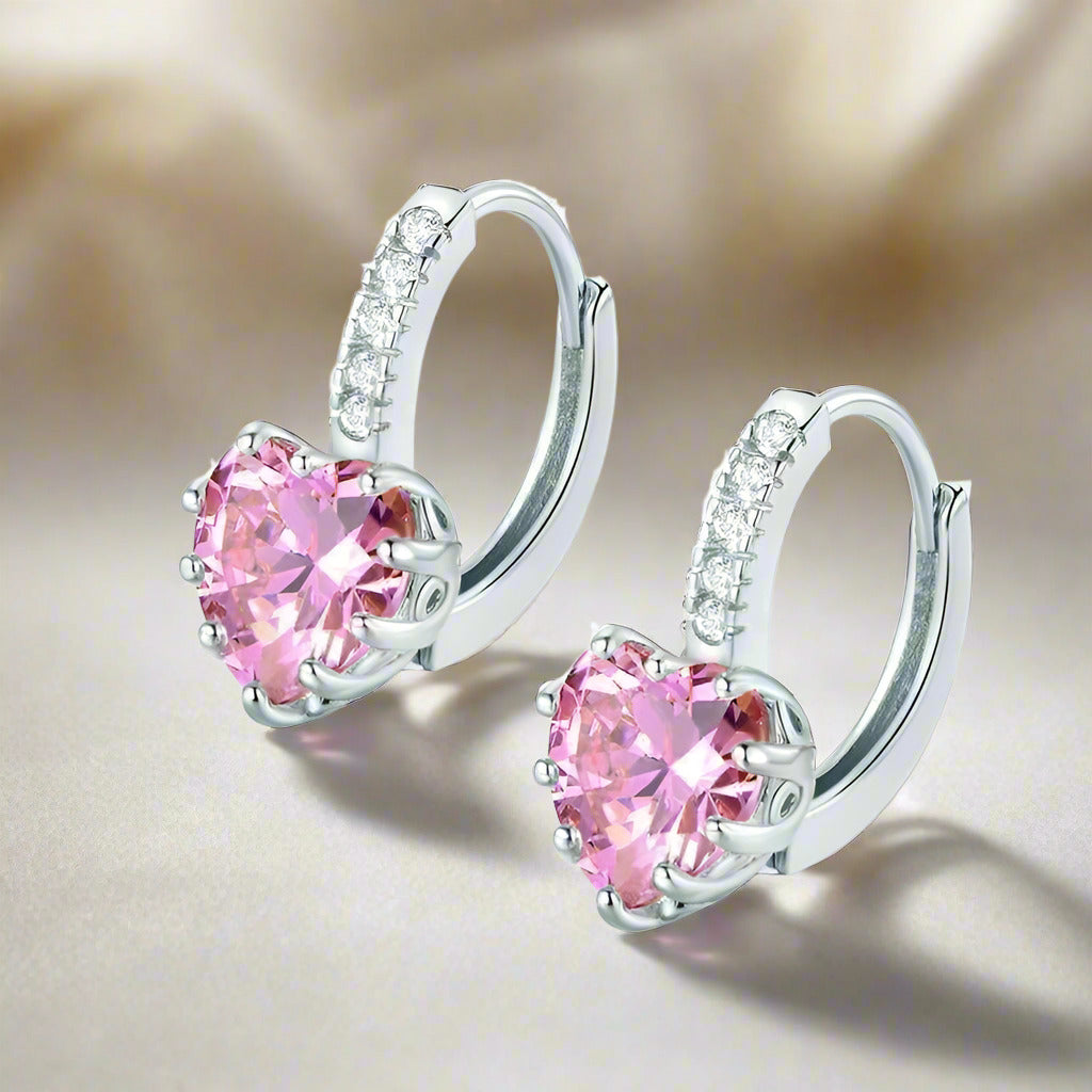 Feshionn IOBI Earrings White Gold Heart Shaped Blushing Pink Diamond CZ Solitaire Hoop Earrings