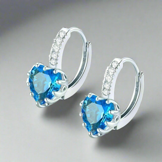 Feshionn IOBI Earrings White Gold Heart Shaped Island Blue Diamond CZ Solitaire Hoop Earrings